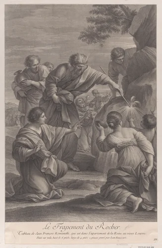 Moses striking the rock with a stick to bring forth water, while the Israelites look on in amazement by Jean-Baptiste Haussard, print, 1724-1734