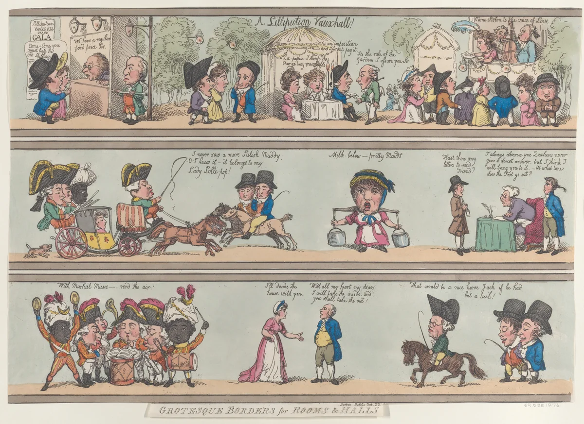 A Lilliputian Vauxhall, Grotesque Borders for Rooms & Halls by Thomas Rowlandson, print, 1800