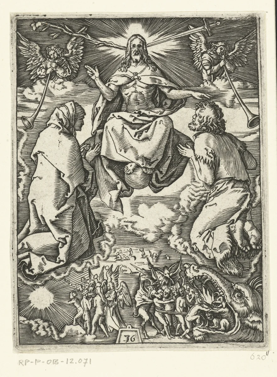 Laatste oordeel met Christus tronend in hemel op globe terwijl hij Maria en Johannes zegent by Unknown, print, 1510-1515