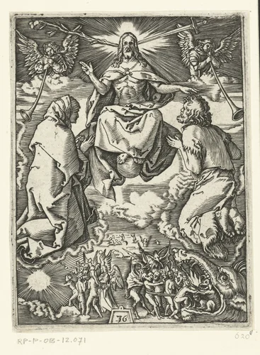 Laatste oordeel met Christus tronend in hemel op globe terwijl hij Maria en Johannes zegent by Unknown, print, 1510-1515