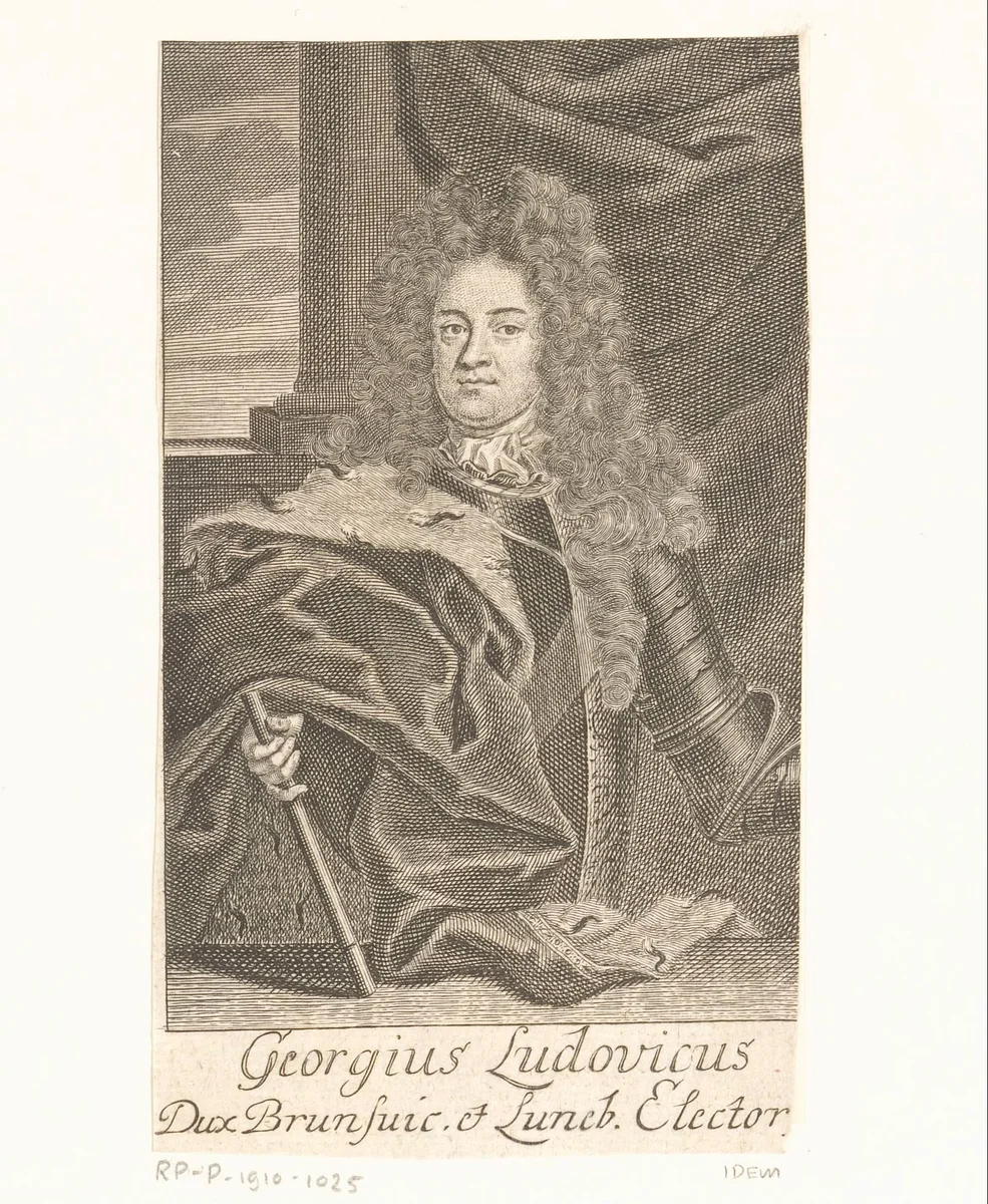 Portret van Georg Ludwig von Braunschweig-Lüneburg, later koning George I van Groot-Brittannië by Martin Bernigeroth, print, 1707