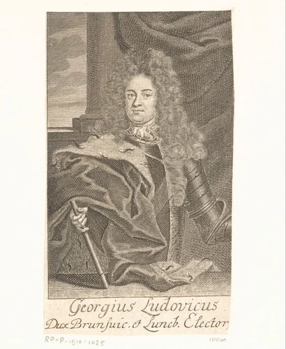 Portret van Georg Ludwig von Braunschweig-Lüneburg, later koning George I van Groot-Brittannië by Martin Bernigeroth, print, 1707