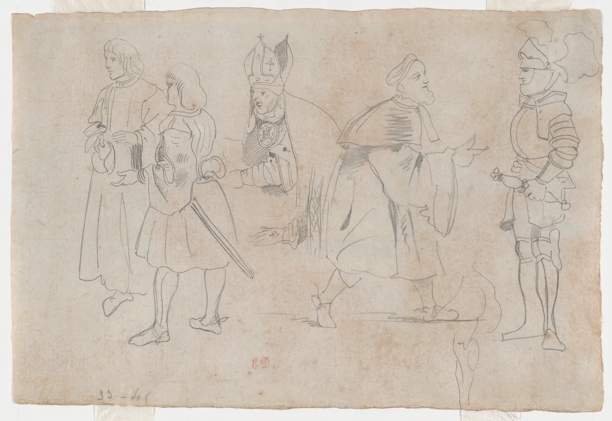 Figures in Medieval Dress including a Bishop (recto); Figures in a Landscape (verso) by Eugène Delacroix, drawing, 1822-1832