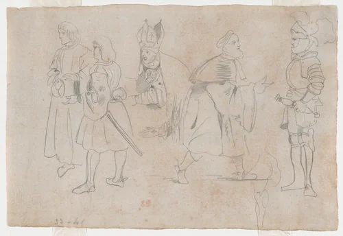 Figures in Medieval Dress including a Bishop (recto); Figures in a Landscape (verso) by Eugène Delacroix, drawing, 1822-1832