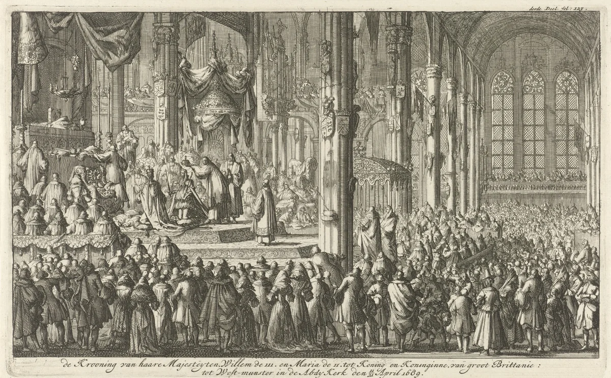 Kroning van Willem III, 1689 by Jan Luyken, print, 1689