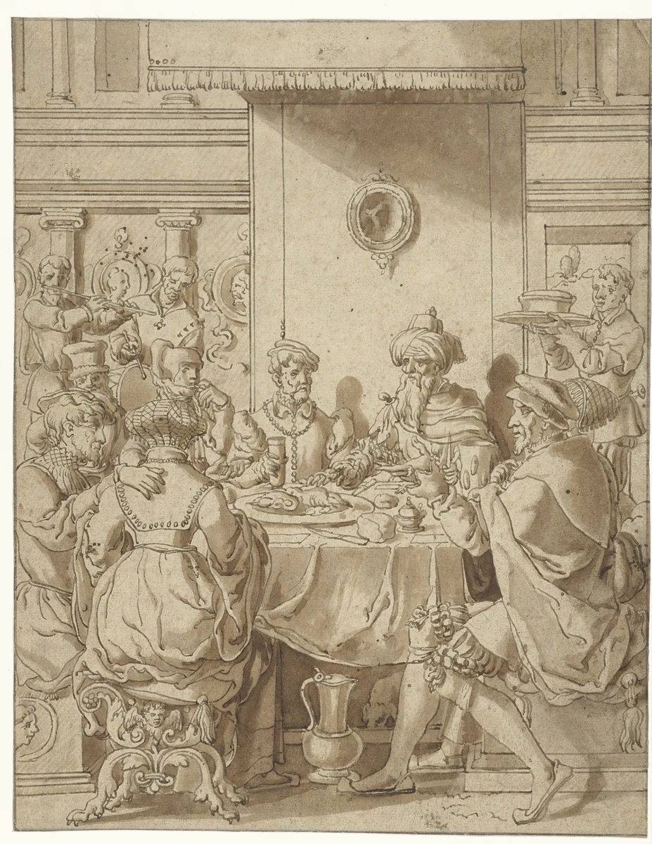 Maaltijd van Esther en Ahasverus by Jan Swart, drawing, 1530-1540