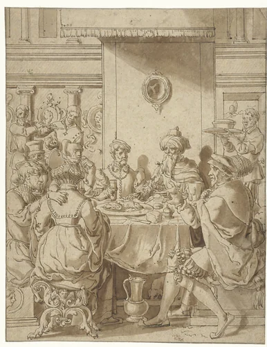 Maaltijd van Esther en Ahasverus by Jan Swart, drawing, 1530-1540