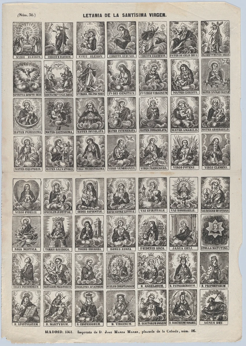 Broadside with 48 scenes relating to the litany of Holy Virgin by José María Marés, print, 1861