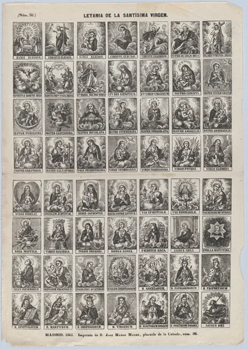 Broadside with 48 scenes relating to the litany of Holy Virgin by José María Marés, print, 1861