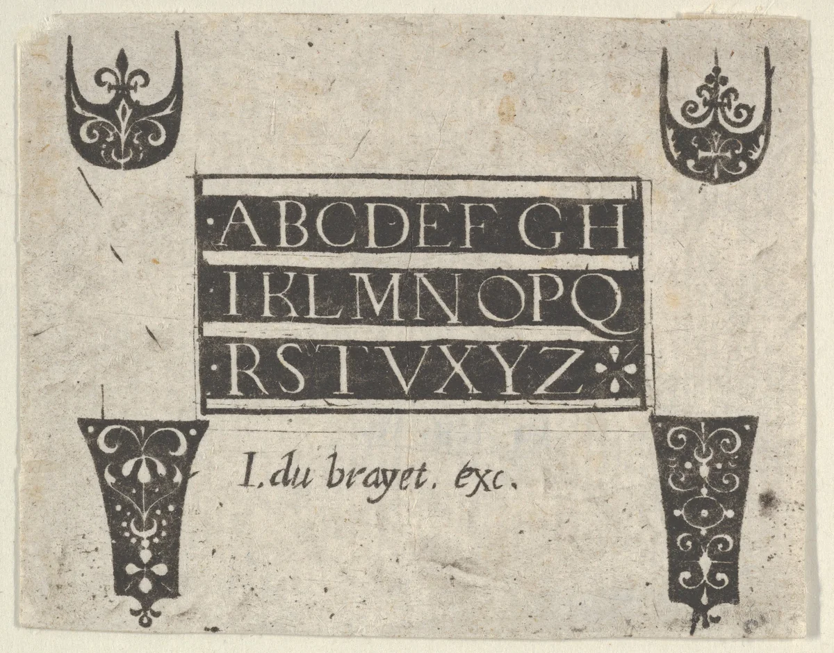 Blackwork Design with Alphabet and Four Jewelry Design Motifs by Jean du Brayet, print, 1600-1633