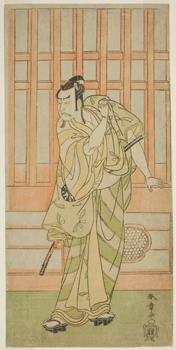 The Actor Nakamura Nakazo I as Kudo Saemon Suketsune (?) in the Play Sakai-cho Soga Nendaiki (?), Performed at the Nakamura Theater (?) in the First Month, 1771 (?) by Katsukawa Shunsho (勝川 春章), print, 1766-1776