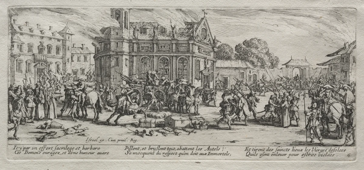 The Large Miseries of War: Devastation of a Monastery by Jacques Callot, print, 1633