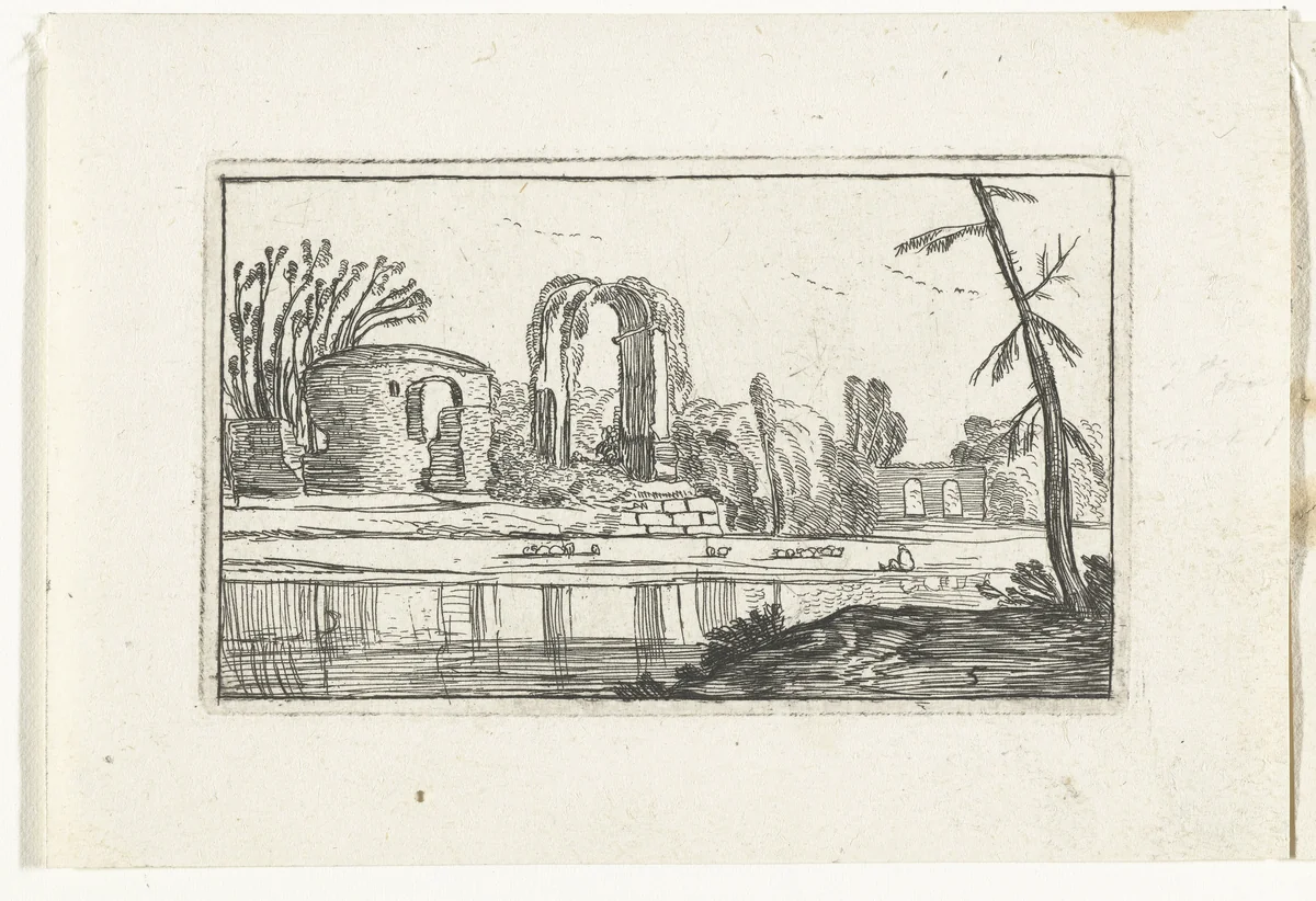 Antieke ruïnes bij een rivier by anonymous, print, 1610-1617