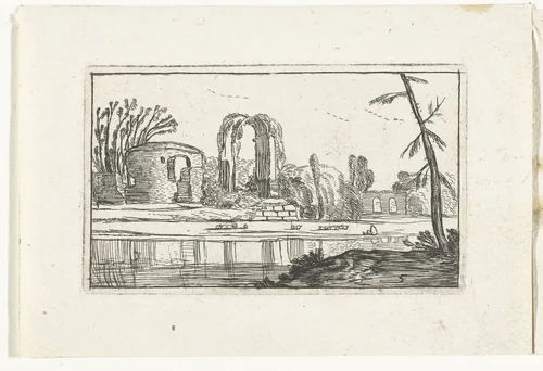 Antieke ruïnes bij een rivier by anonymous, print, 1610-1617