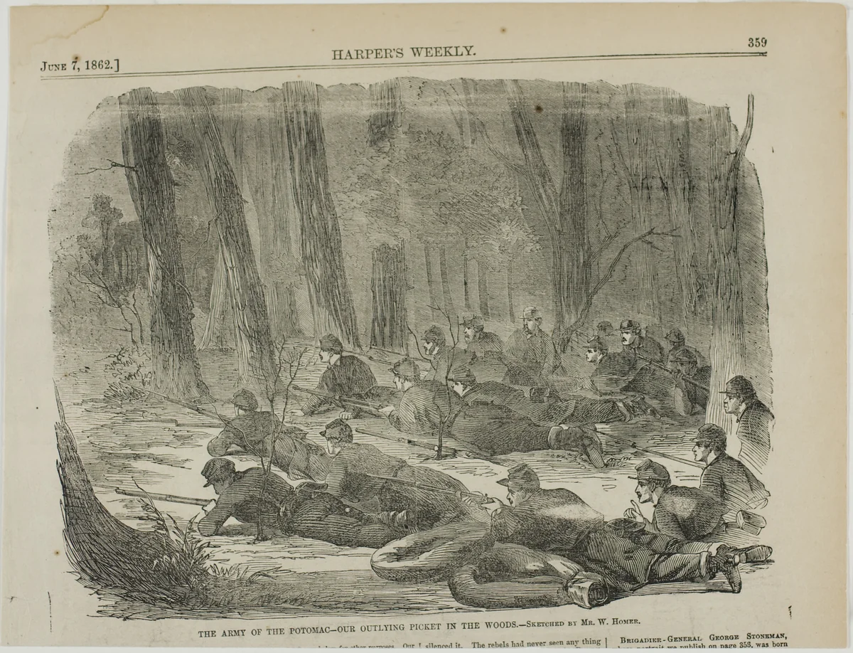 The Army of The Potomac—Our Outlying Picket in the Woods by Winslow Homer, print, 1862
