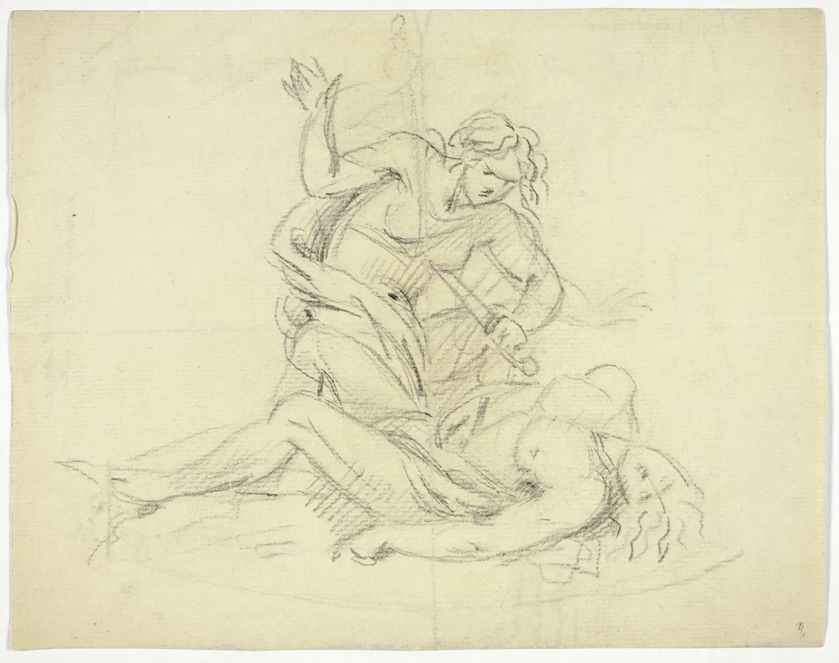 Pyramus and Thisbe (recto); Three Male Figures with Mausoleum Floor Plan (verso) by Thomas Banks
Gavin Hamilton, drawing, 1700-1789