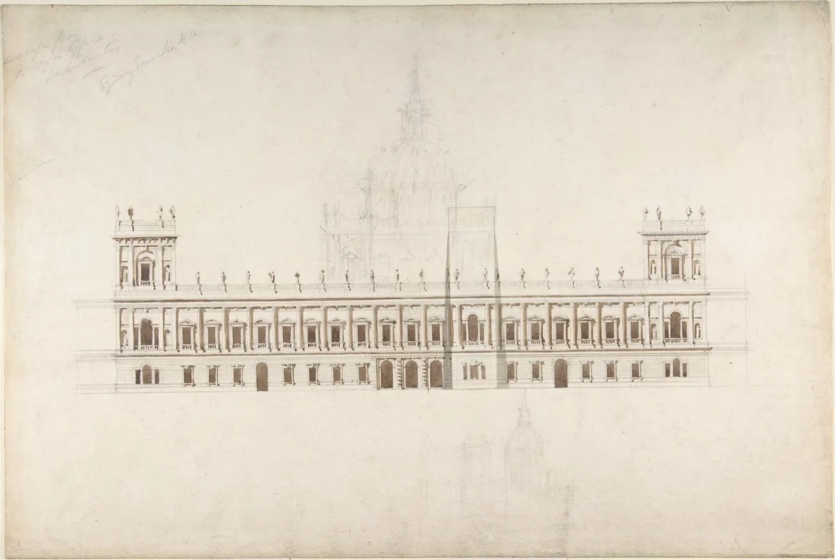 Drawing for Foreign Office, Westminster, for competition of 1857 by Sir Robert Smirke, drawing, 1857