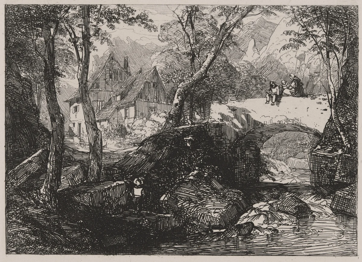 Stone Bridge over A Mountain Brook by Caspar Johann Nepomuk Scheuren, print, 1842