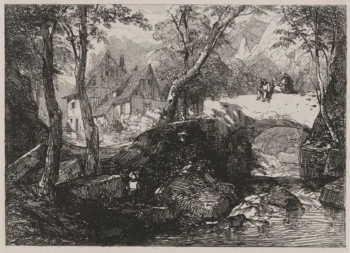Stone Bridge over A Mountain Brook by Caspar Johann Nepomuk Scheuren, print, 1842