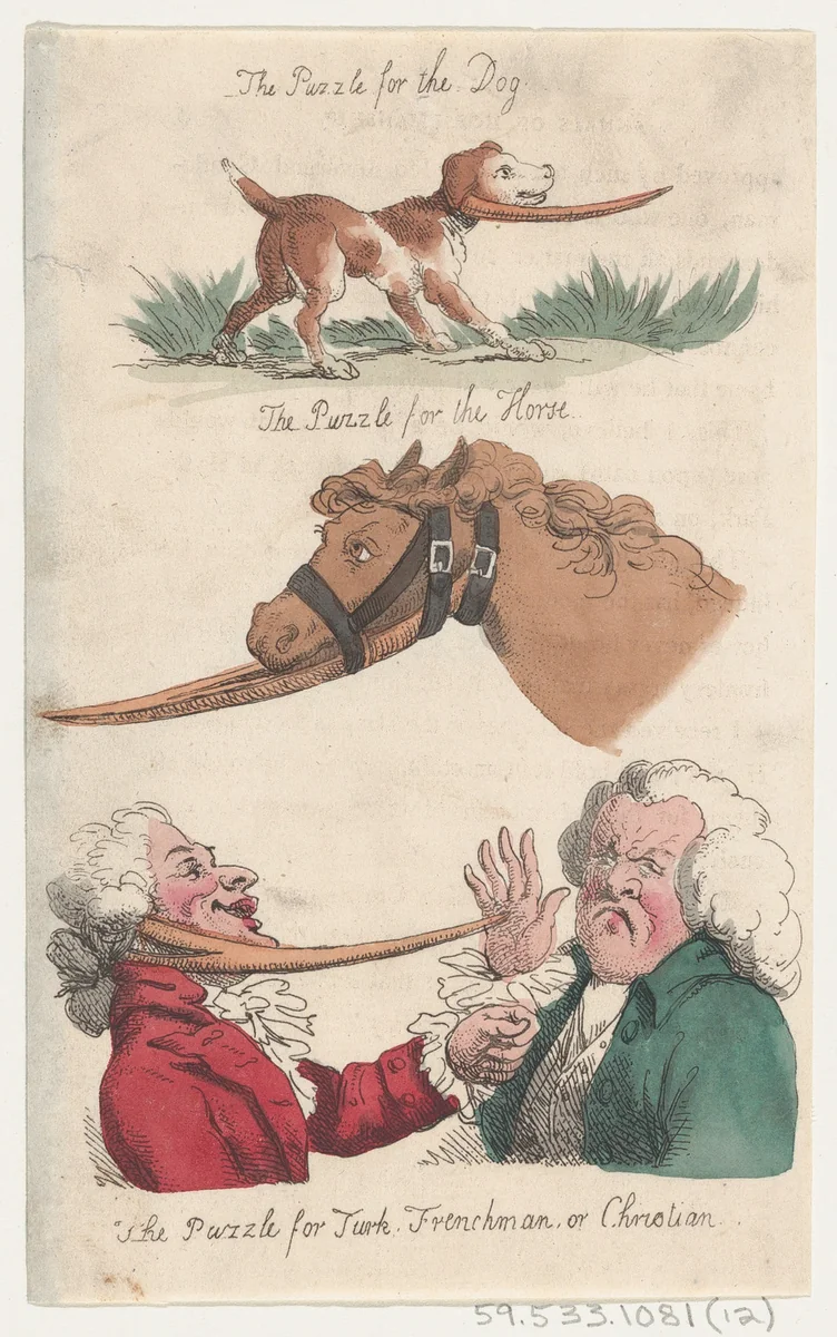 The Puzzle for the Dog; The Puzzle for the Horse; The Puzzle for Turk, Frenchman, or Christian by Thomas Rowlandson, print, 1808