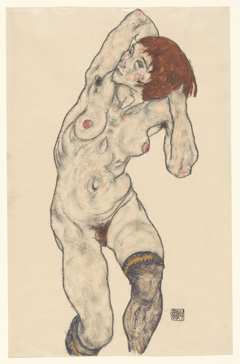 Nude in Black Stockings by Egon Schiele, drawing, 1917