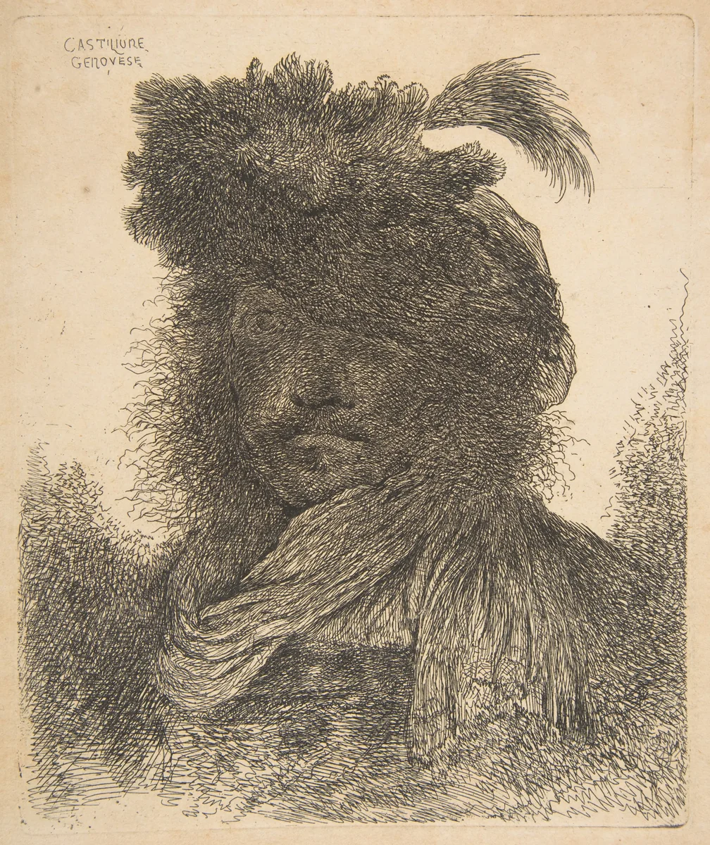 Head of a man in shadow turned slightly to the left, from "Large Oriental Heads" by Giovanni Benedetto Castiglione, print, 1640-1650