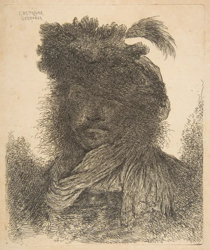 Head of a man in shadow turned slightly to the left, from "Large Oriental Heads" by Giovanni Benedetto Castiglione, print, 1640-1650