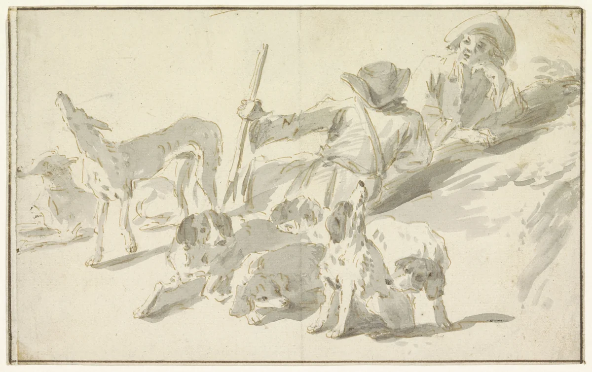 Rustende jagers met honden by anonymous, drawing, 1700-1800