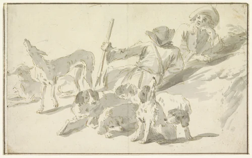 Rustende jagers met honden by anonymous, drawing, 1700-1800