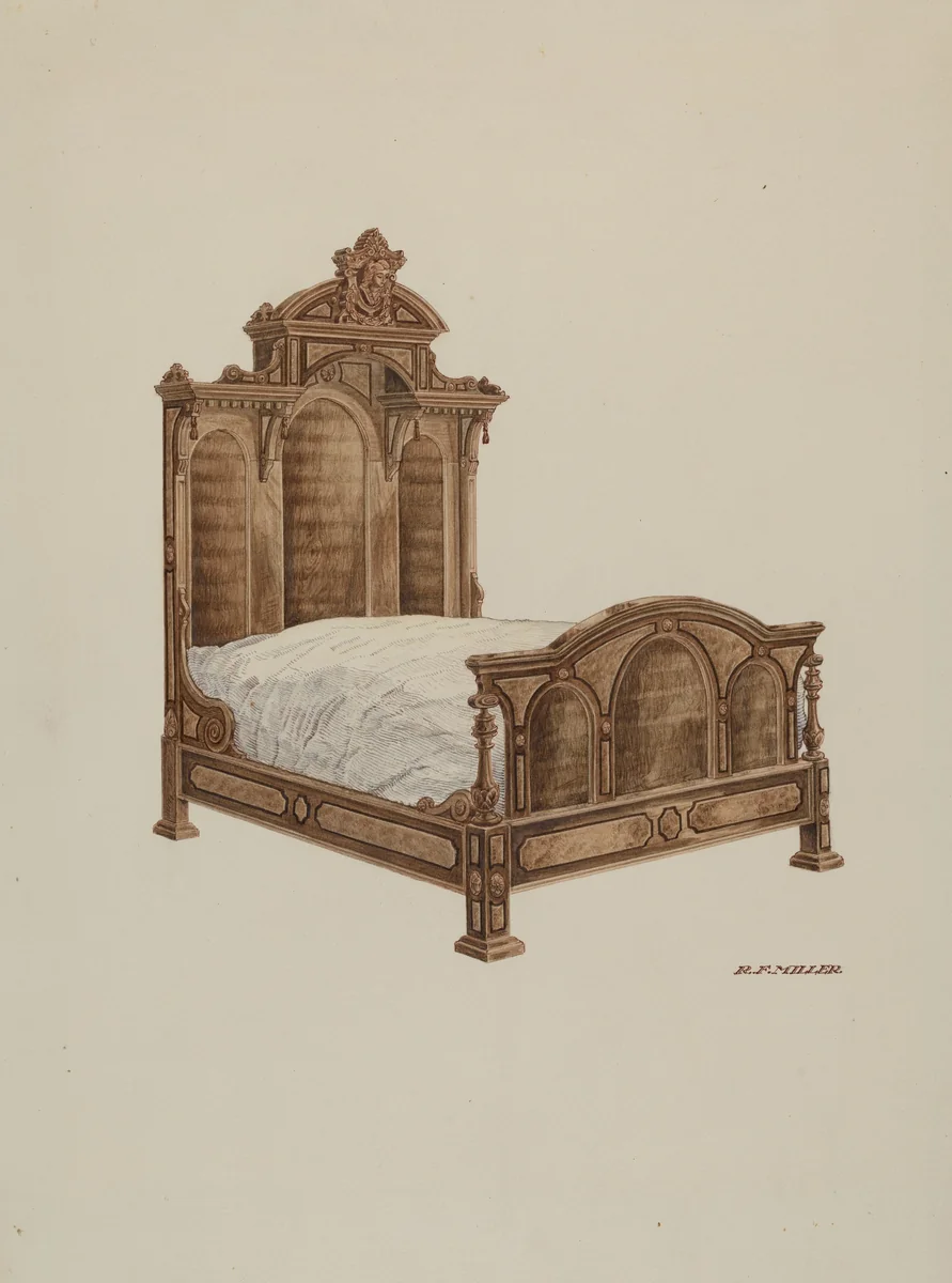 Bed, Burl Walnut by Randolph F. Miller, index of american design, 1939