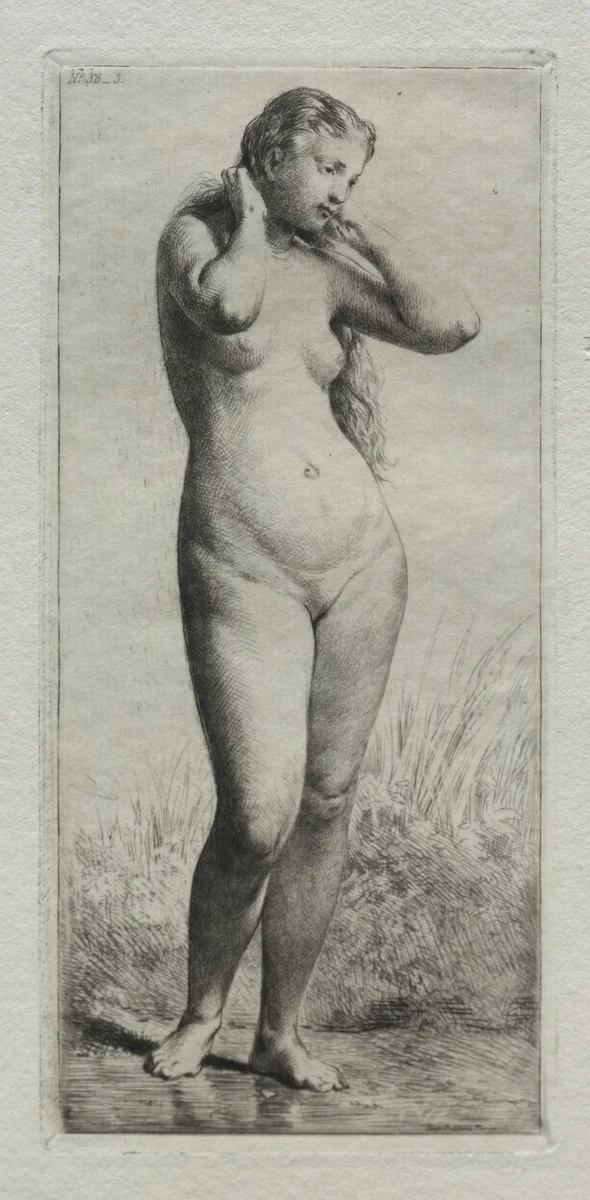 Young Woman Bathing by Charles-Émile Jacque, print, 1861-1871