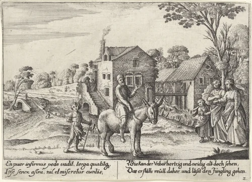 Fabel van de boer en zijn ezel; De boer zit op de ezel terwijl de zoon loopt by Wenceslaus Hollar, print, 1627-1628