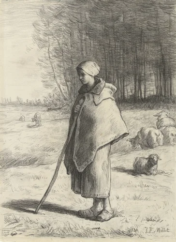 Schaapherderin, leunend op een stok by Jean-François Millet, drawing, 1860-1869