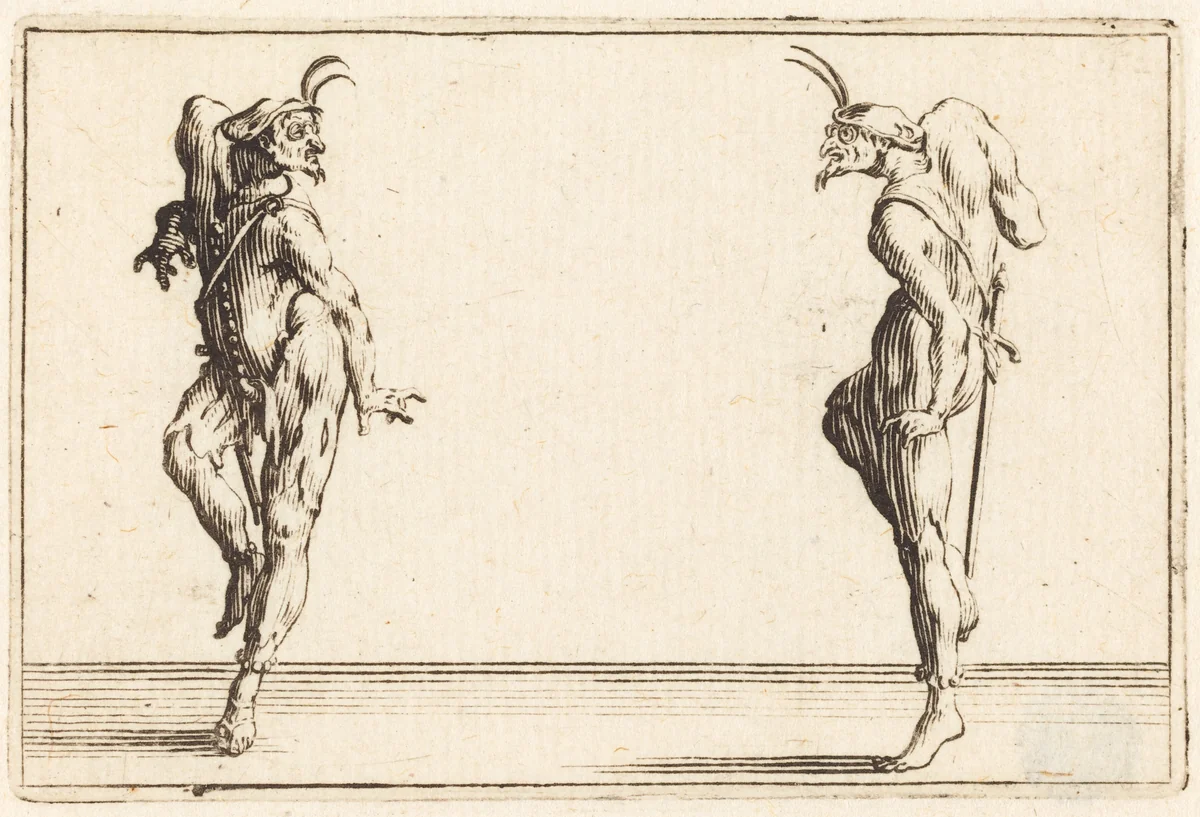 Two Pantaloons Dancing by Jacques Callot, print, 1622