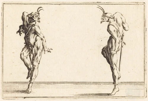 Two Pantaloons Dancing by Jacques Callot, print, 1622