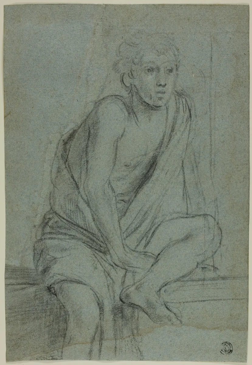 Seated Youth: Study for Flagellation of Saint Andrew by Domenichino, drawing, 1603-1613