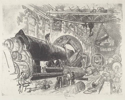 Cutting and Turning a Big Gun by Joseph Pennell, print, 1916
