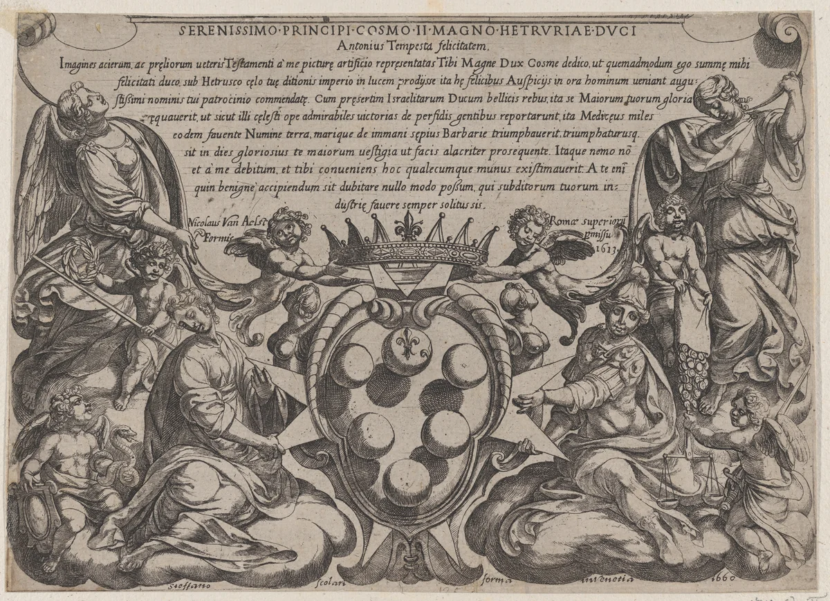 Frontispiece to "The Battles of the Old Testament" with the arms of the Medici Crowned by Two Putti by Antonio Tempesta, print, 1660