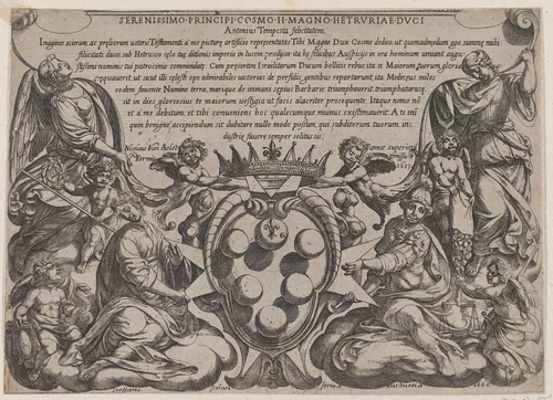 Frontispiece to "The Battles of the Old Testament" with the arms of the Medici Crowned by Two Putti by Antonio Tempesta, print, 1660