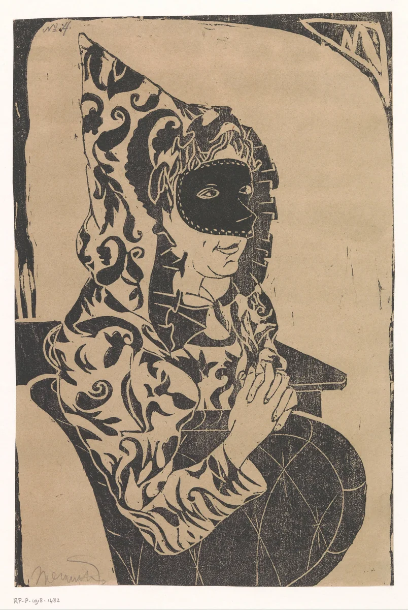 Gemaskerde vrouw met cape by Samuel Jessurun de Mesquita, print, 1899
