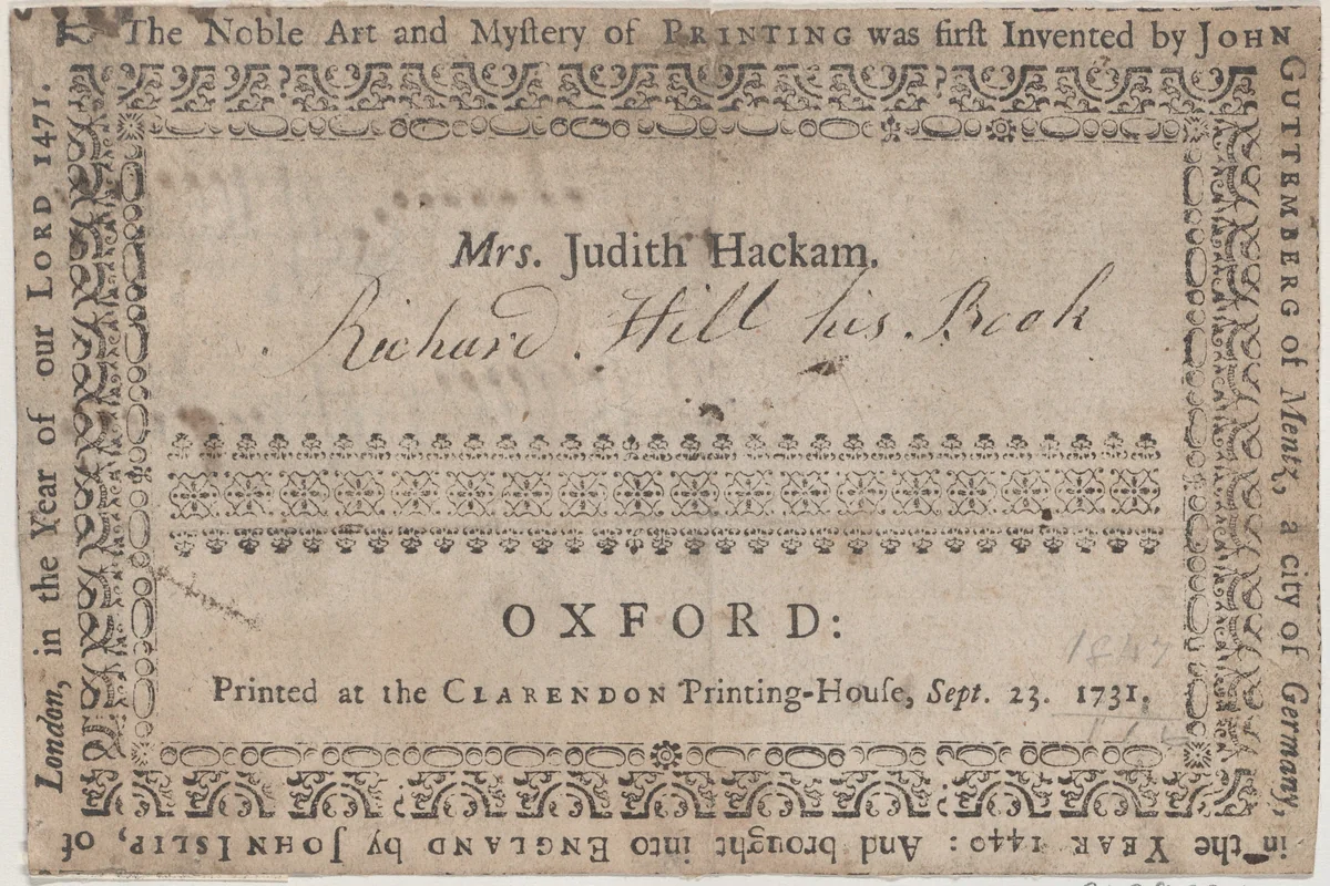 Book Label for Mrs. Judith Hackam by anonymous, print, 1800-1900