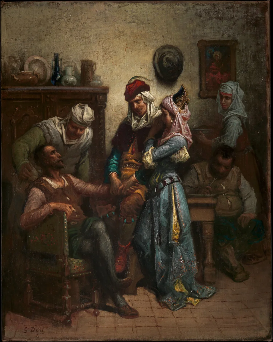 Don Quixote and Sancho Panza Entertained by Basil and Quiteria by Gustave Doré, painting, 1863