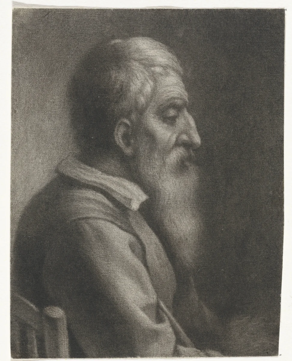 Bebaarde oude man in een stoel by Wallerant Vaillant, print, 1658-1677