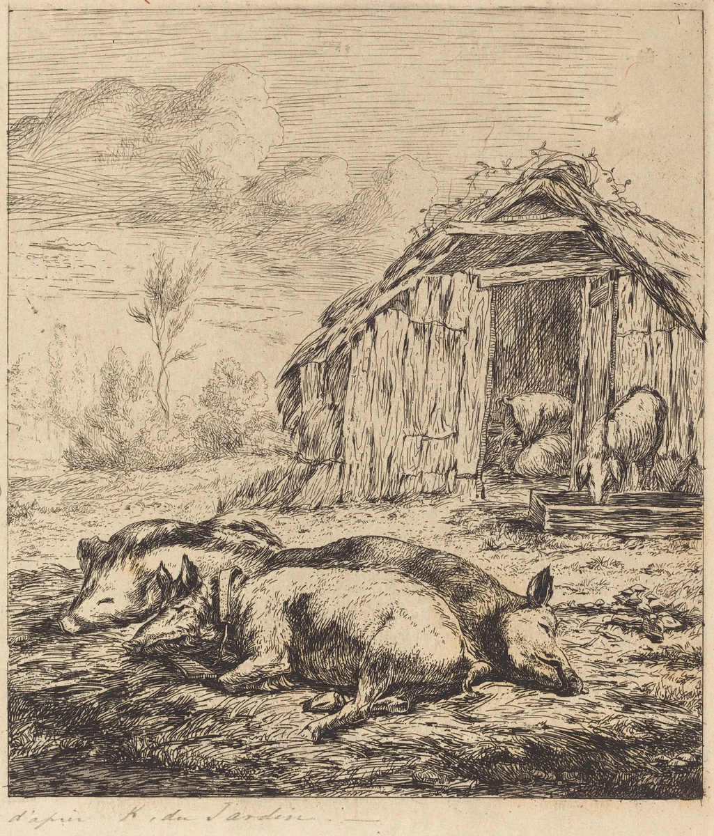 Les trois cochons couchés devant l'étable (Three Swine Lying In Front of a Sty) by Charles Meryon; Karel Dujardin, print, 1850
