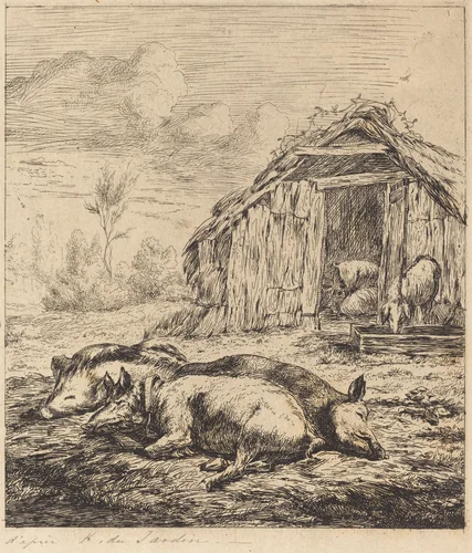 Les trois cochons couchés devant l'étable (Three Swine Lying In Front of a Sty) by Charles Meryon; Karel Dujardin, print, 1850