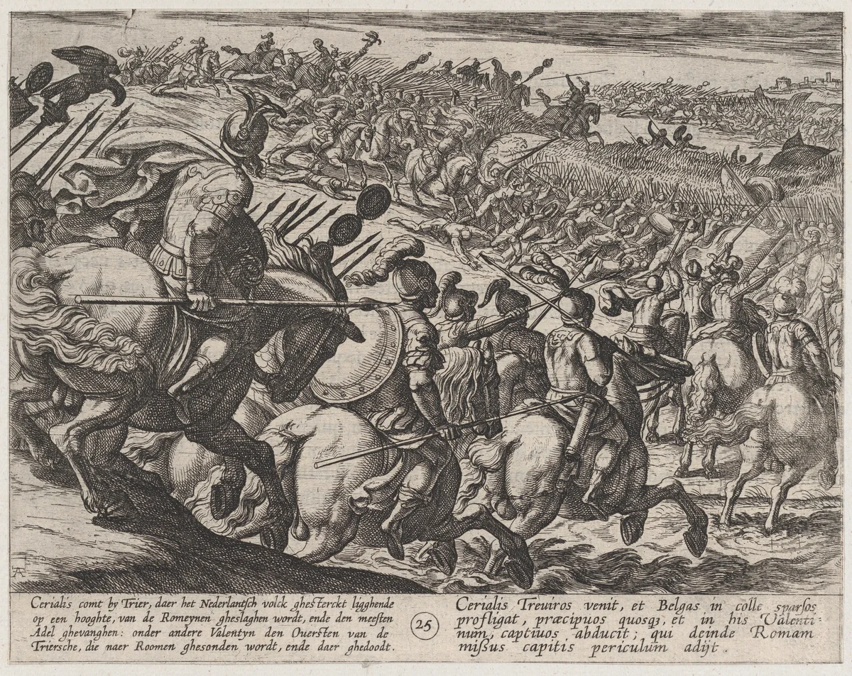 Plate 25: The Roman Commander Cerialis Attacks Near Trier, from The War of the Romans Against the Batavians (Romanorvm et Batavorvm societas) by Antonio Tempesta, print, 1611-1612