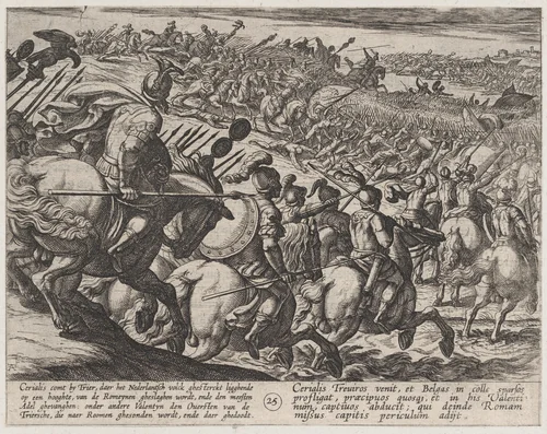 Plate 25: The Roman Commander Cerialis Attacks Near Trier, from The War of the Romans Against the Batavians (Romanorvm et Batavorvm societas) by Antonio Tempesta, print, 1611-1612