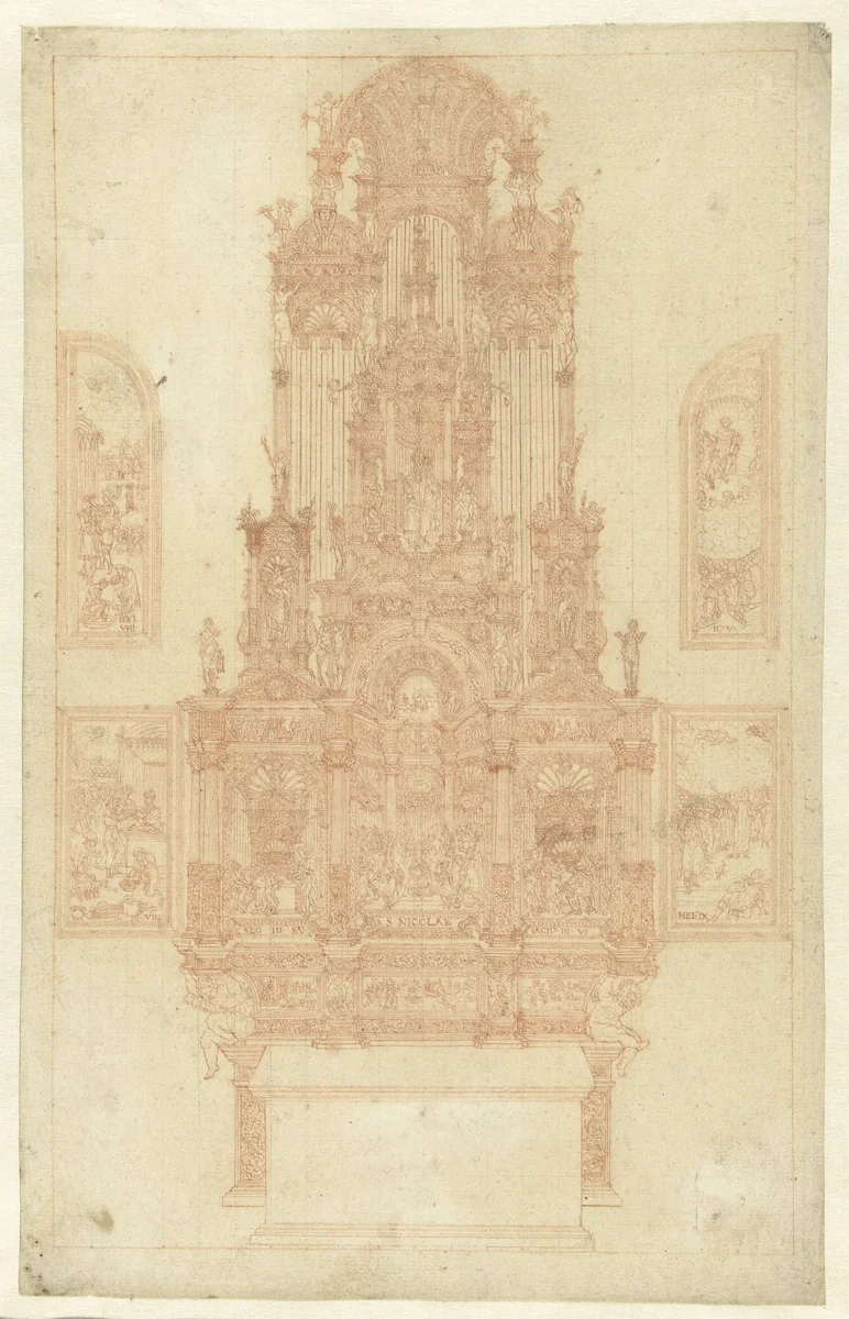 Altaar met de inwijding van H. Nicolaas als bisschop omringd door bijbelse voorstellingen by anonymous, drawing, 1600-1699