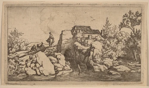 Horseman on a Stone Bridge by Allart van Everdingen, print, 1645-1656