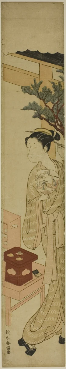 The Waitress Osen of the Kagiya Teahouse Holding a Fan by Suzuki Harunobu (鈴木春信), print, 1763-1770